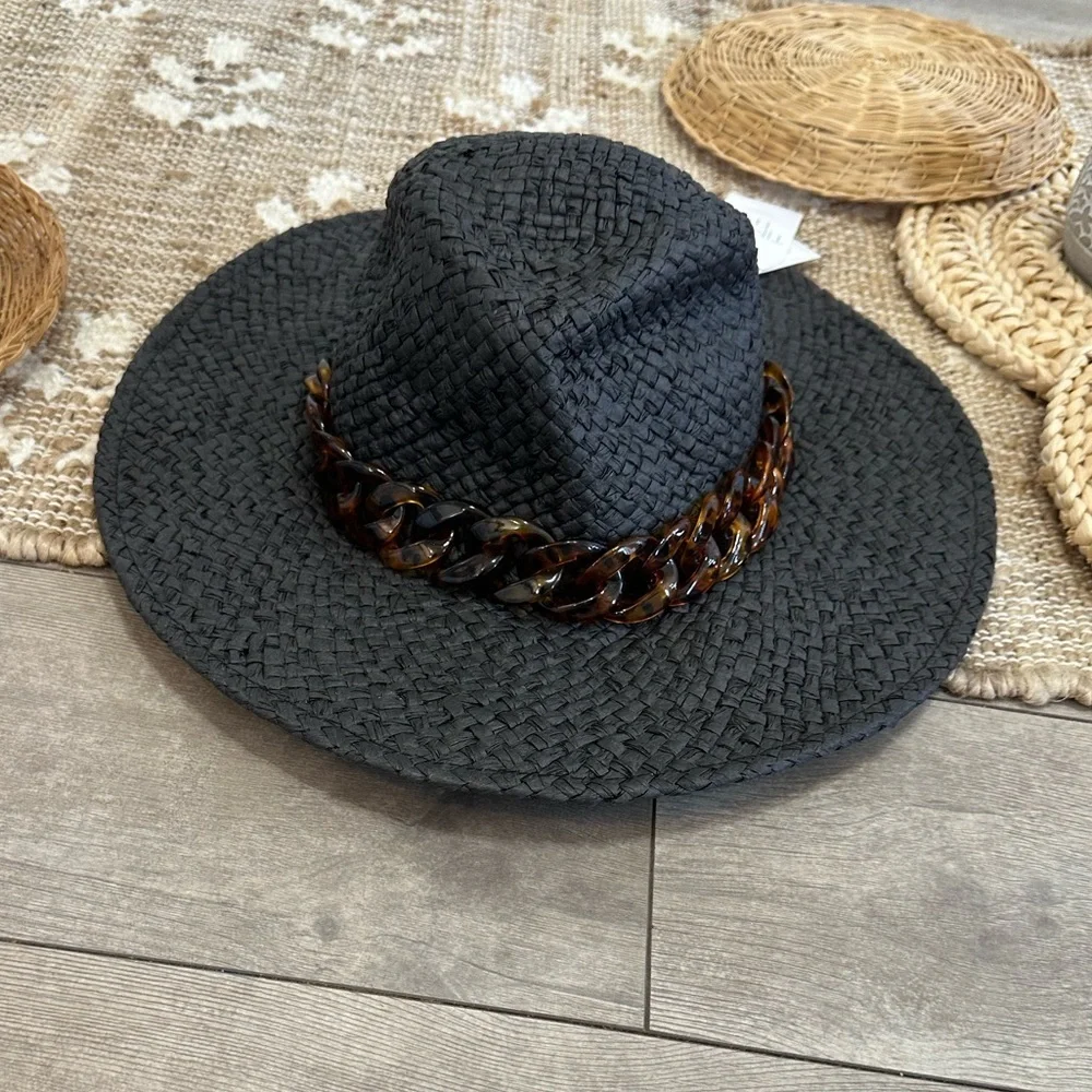 New Time & Tru Women’s Black Woven Straw Fedora Hat with Brown Accent